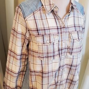 Free People Beige and Denim Plaid Button Down Shirt